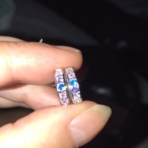 Silver Huggie Hoop Earrings with Blue and Purple Stones